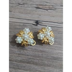 Vtg Marvella Gold Leaves & Pearl Florals Faux Jeweled Clip-on Earrings (jb3 3)